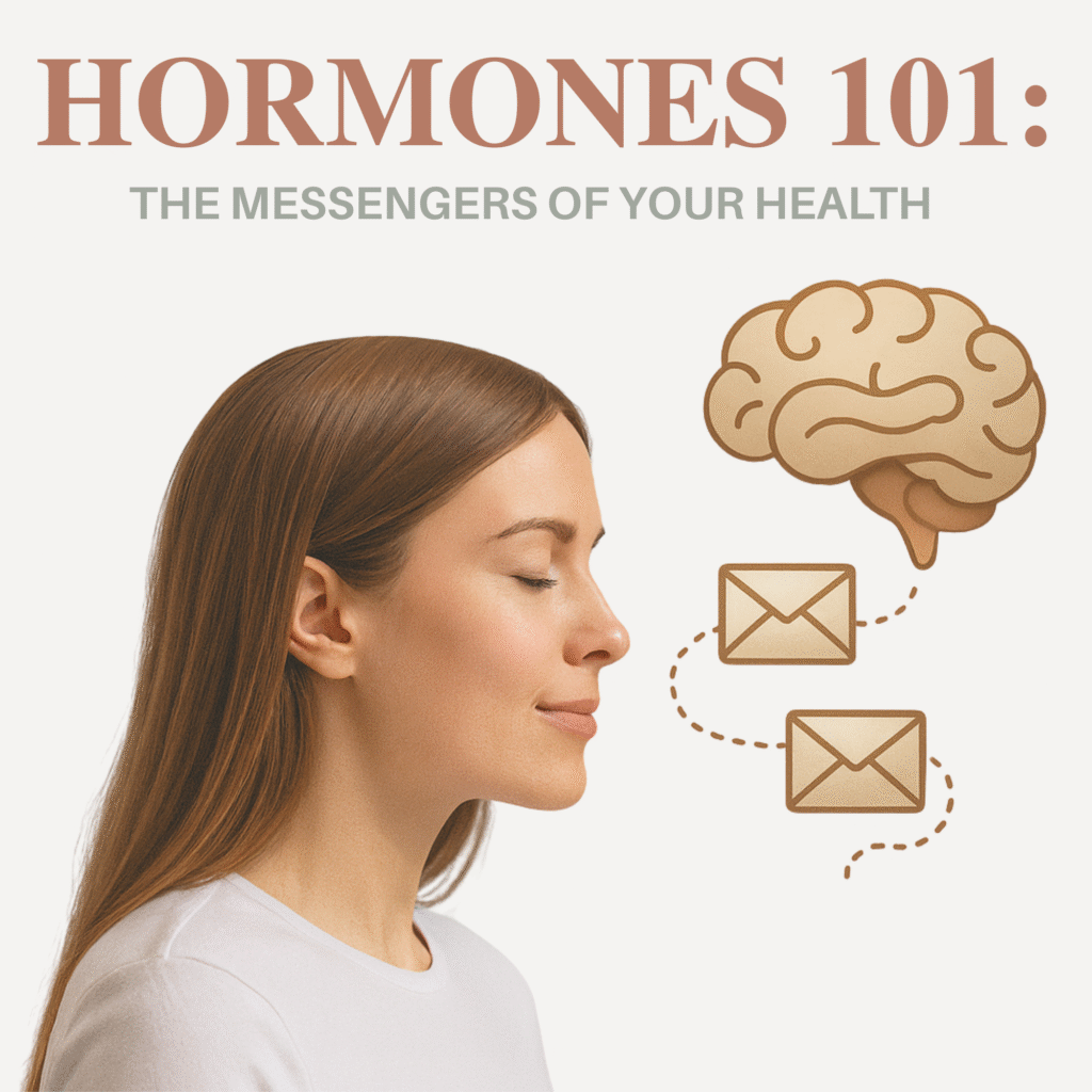 Minimalist graphic of hormones shown as small messengers traveling along flowing lines to the brain.