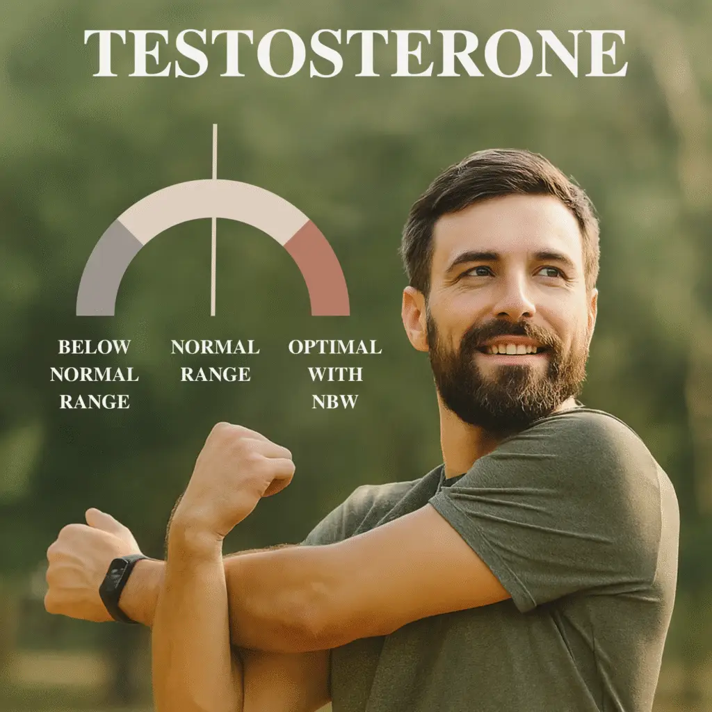 ducational graphic showing a man stretching with a gauge illustrating testosterone levels: below normal range, normal range, and optimal with New Beginnings Wellness.