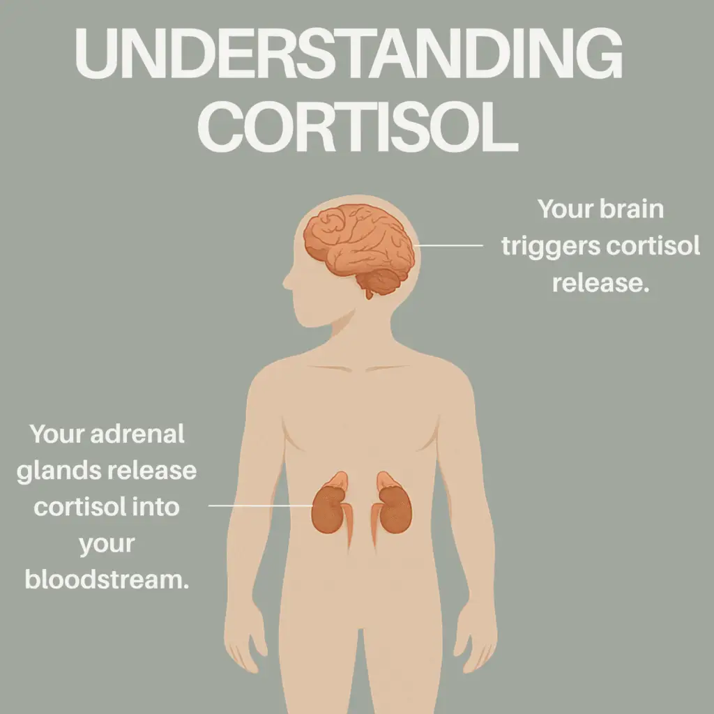 A scientific illustration titled 'Understanding Cortisol' showing the connection between the human brain, which triggers cortisol release, and the adrenal glands, which release cortisol into the bloodstream.
