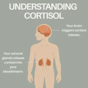 A scientific illustration titled 'Understanding Cortisol' showing the connection between the human brain, which triggers cortisol release, and the adrenal glands, which release cortisol into the bloodstream.