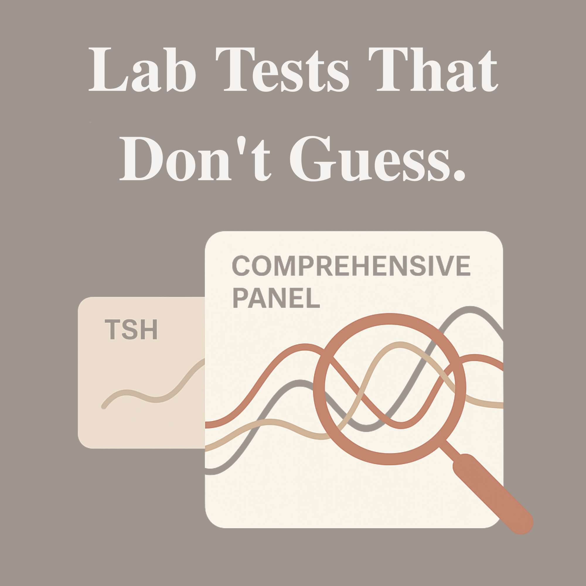 A graphic with the text "Lab Tests That Don't Guess." It illustrates a small, basic TSH lab result next to a larger, complex "COMPREHENSIVE PANEL" graph viewed through a magnifying glass.