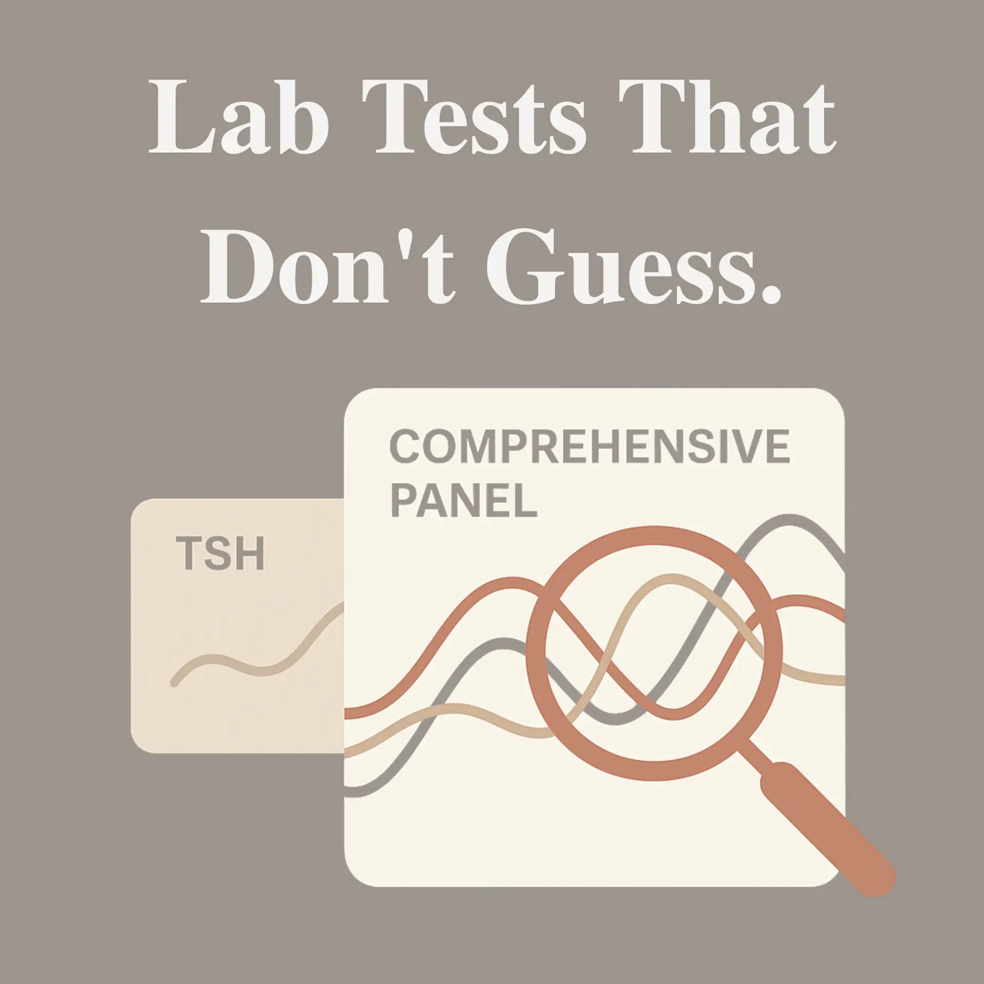 A graphic with the text "Lab Tests That Don't Guess." It illustrates a small, basic TSH lab result next to a larger, complex "COMPREHENSIVE PANEL" graph viewed through a magnifying glass.