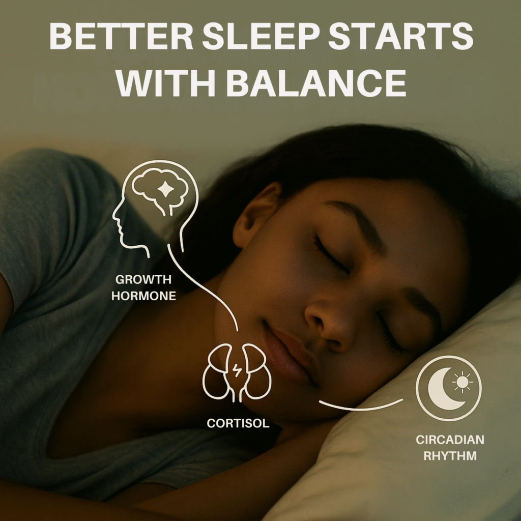 A woman sleeping peacefully with a graphic overlay illustrating the hormonal balance needed for sleep, connecting the brain (Growth Hormone), adrenal glands (Cortisol), and the moon/sun (Circadian Rhythm). The text reads, "BETTER SLEEP STARTS WITH BALANCE."