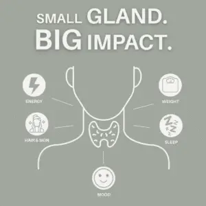 Illustration of the thyroid gland highlighting how thyroid function impacts energy, mood, sleep, hair and skin, and weight. Educational thyroid health graphic in New Beginnings Wellness brand colors with the headline “Small Gland. Big Impact.”