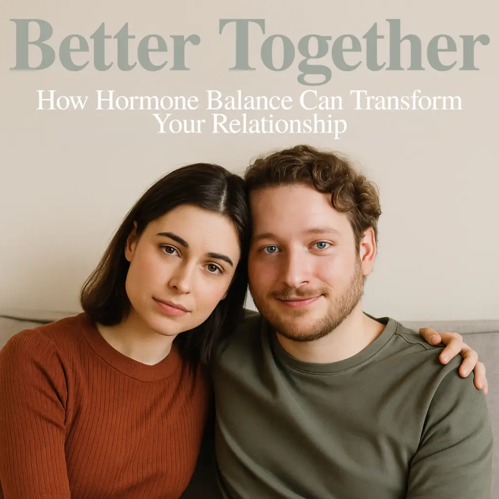 A couple sitting closely together on a couch with soft, warm lighting, accompanied by the text “Better Together – How Hormonal Balance Can Transform Your Relationship.” The image conveys connection, calmness, and emotional support in line with New Beginnings Wellness Clinic branding.