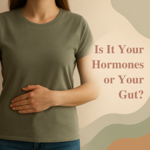 A realistic photo of a woman resting her hand on her stomach, combined with soft sage and terracotta abstract shapes and the text “Is It Your Hormones or Your Gut?” in New Beginnings Wellness Clinic branding.