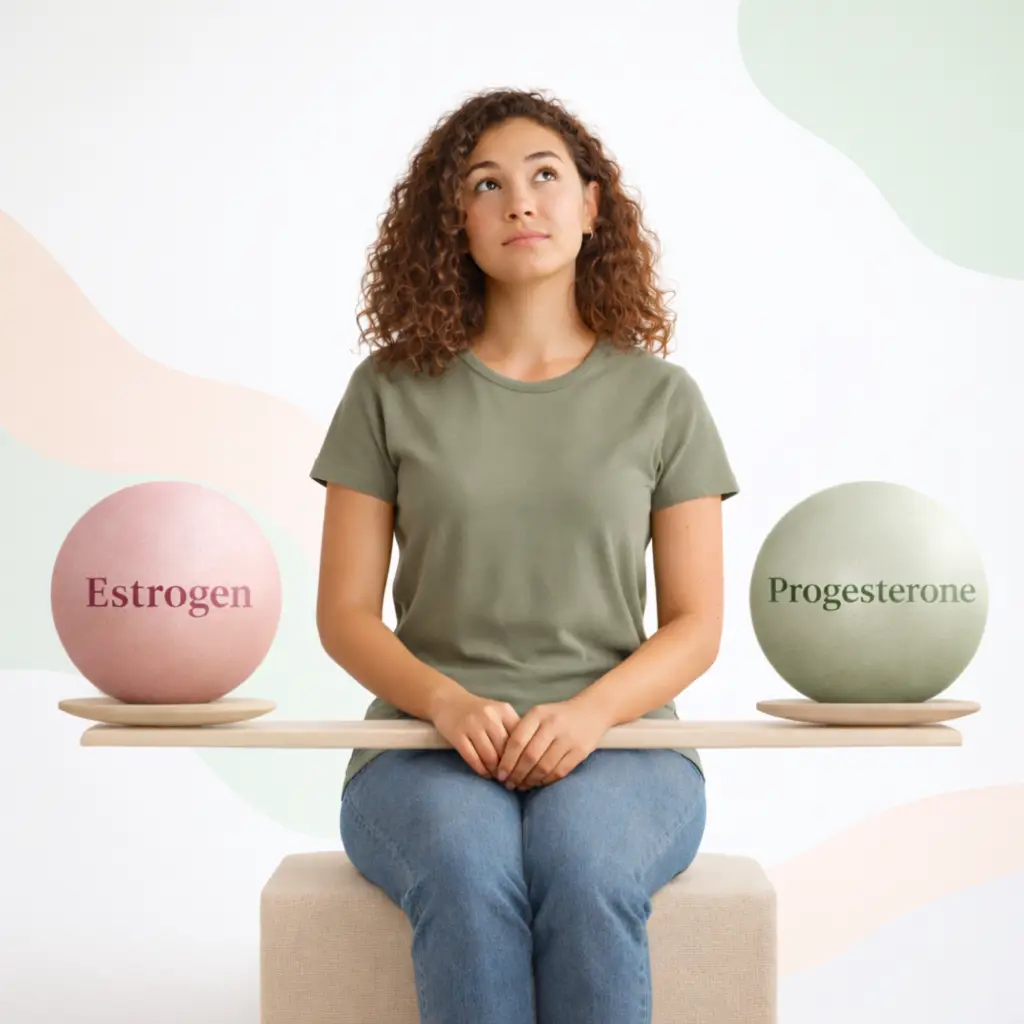 A woman sitting behind a balance scale holding two spheres labeled Estrogen and Progesterone, illustrating hormonal balance for women's health.