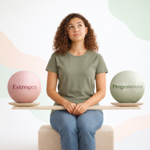 A woman sitting behind a balance scale holding two spheres labeled Estrogen and Progesterone, illustrating hormonal balance for women's health.