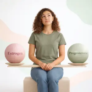 A woman sitting behind a balance scale holding two spheres labeled Estrogen and Progesterone, illustrating hormonal balance for women's health.