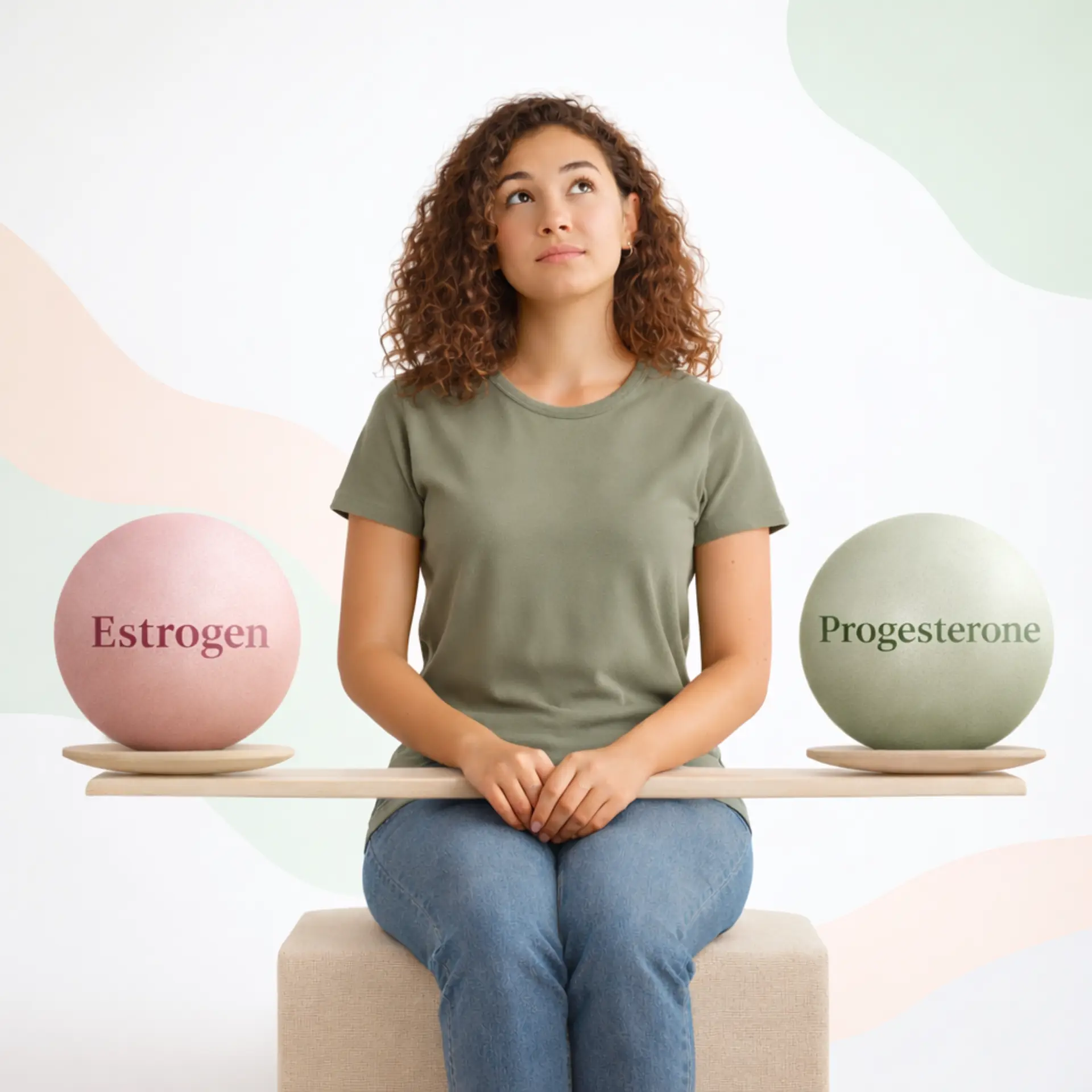 A woman sitting behind a balance scale holding two spheres labeled Estrogen and Progesterone, illustrating hormonal balance for women's health.
