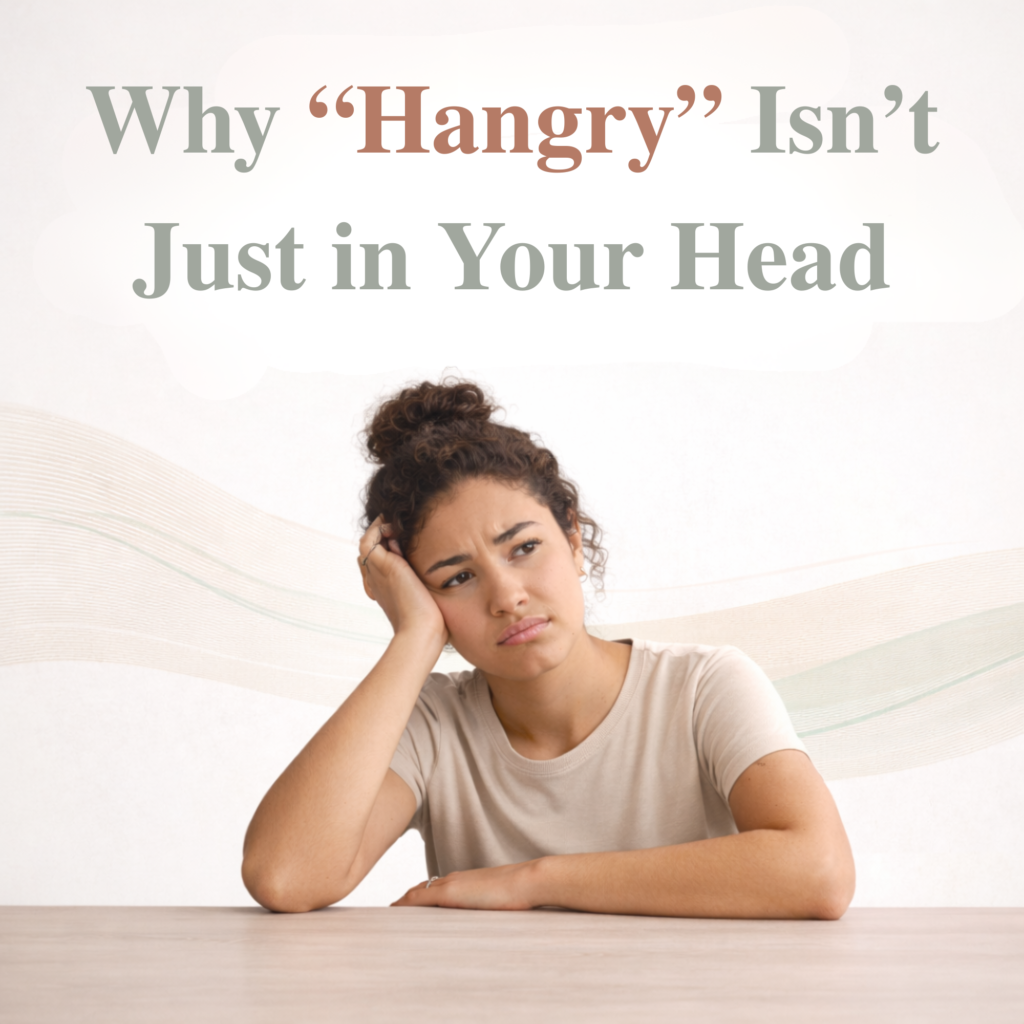 Woman resting her head on her hand with text reading “Why ‘Hangry’ Isn’t Just in Your Head,” representing the hormonal and blood sugar causes of irritability and mood changes discussed by New Beginnings Wellness Clinic.