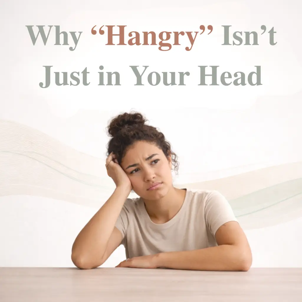 Woman resting her head on her hand with text reading “Why ‘Hangry’ Isn’t Just in Your Head,” representing the hormonal and blood sugar causes of irritability and mood changes discussed by New Beginnings Wellness Clinic.