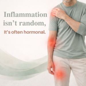 Man holding his shoulder with red inflammation highlights, representing chronic inflammation linked to hormonal imbalance.