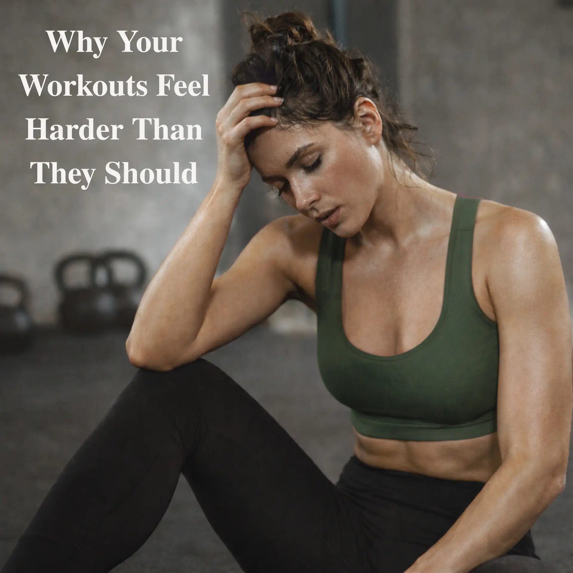 Woman sitting on a gym floor after a workout, appearing fatigued and overwhelmed, representing how high cortisol and hormonal imbalance can make exercise feel harder than it should.
