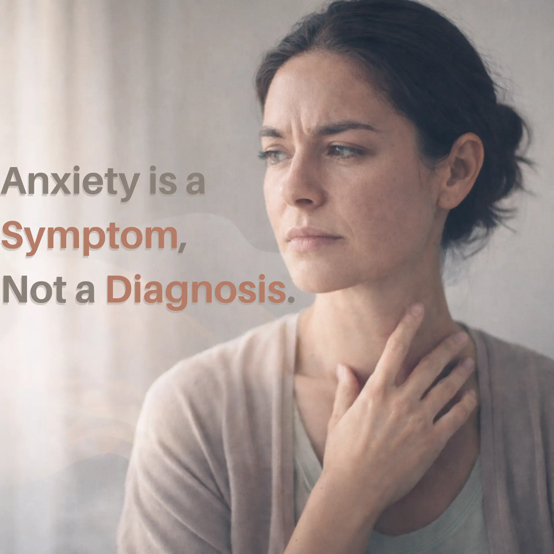 Woman experiencing anxiety with hand on neck, representing hormonal imbalance and emotional symptoms addressed by New Beginnings Wellness Clinic