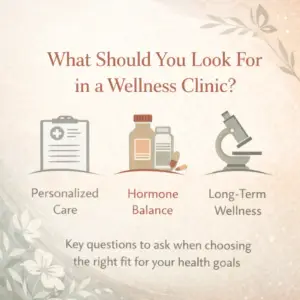 Educational graphic showing what to look for in a wellness clinic including personalized care hormone balance and long term wellness