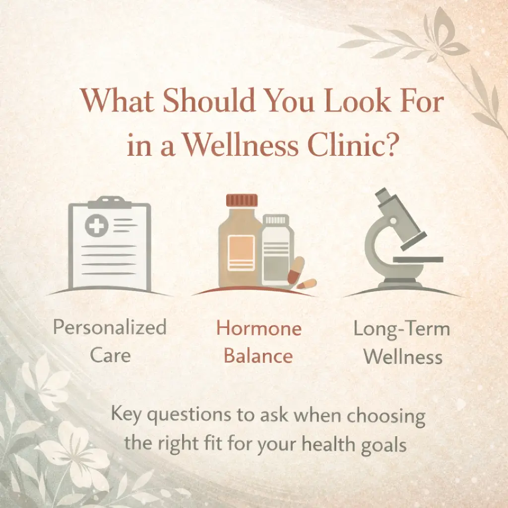 Educational graphic showing what to look for in a wellness clinic including personalized care hormone balance and long term wellness
