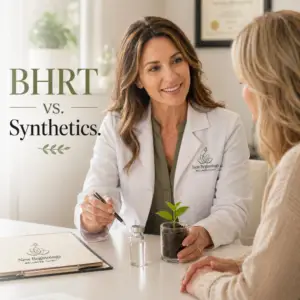 A female doctor at New Beginnings Wellness Clinic gesturing toward a small plant and a medical vial while consulting with a patient. Text overlay reads "BHRT vs. Synthetics."