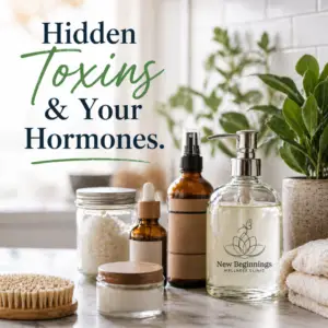 An assortment of wellness and skincare bottles on a marble counter at New Beginnings Wellness Clinic. Text overlay reads "Hidden Toxins & Your Hormones."