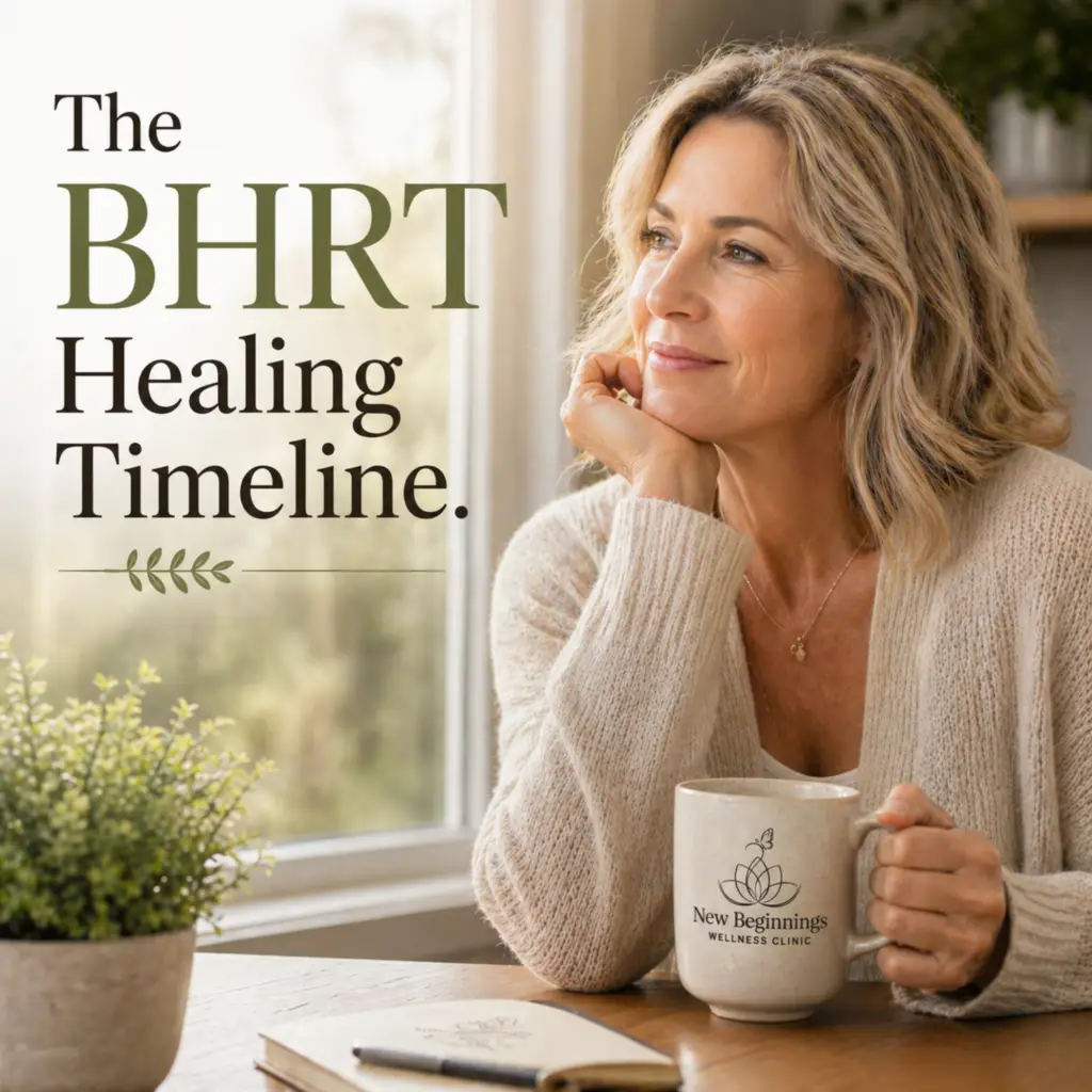 A woman looking out a window thoughtfully while holding a New Beginnings Wellness Clinic mug. Text overlay reads "The BHRT Healing Timeline."