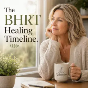 A woman looking out a window thoughtfully while holding a New Beginnings Wellness Clinic mug. Text overlay reads "The BHRT Healing Timeline."