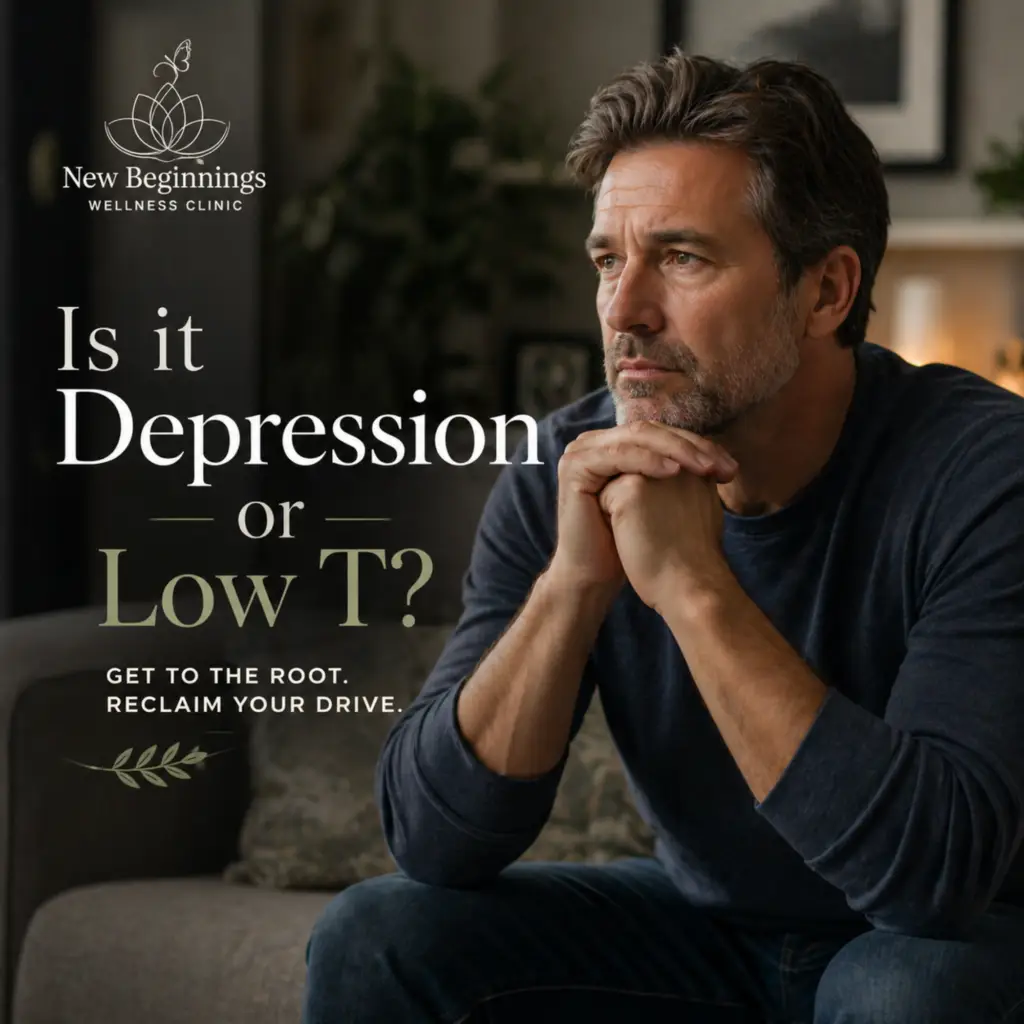 A middle-aged man looking thoughtful and concerned while sitting on a couch. Text overlay from New Beginnings Wellness Clinic asks, "Is it Depression or Low T?" and encourages readers to get to the root of the issue.