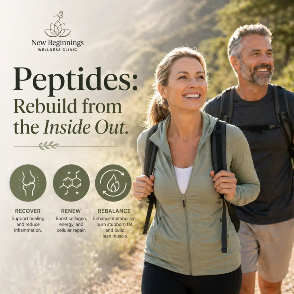 A healthy couple hiking outdoors with a text overlay from New Beginnings Wellness Clinic explaining how peptides help to recover, renew, and rebalance the body from the inside out.