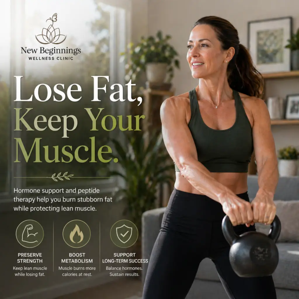 An athletic woman swinging a kettlebell with text explaining how hormone support and peptide therapy help lose fat while preserving muscle. Branded for New Beginnings Wellness Clinic.