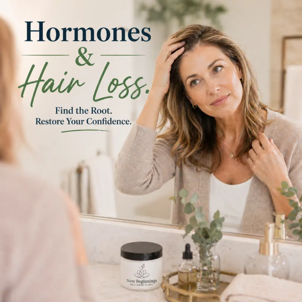 A woman examining her hair in a mirror with a concerned expression. On the counter is a New Beginnings Wellness Clinic product. Text overlay reads "Hormones & Hair Loss. Reclaiming Your Confidence."