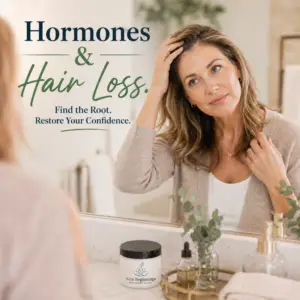 A woman examining her hair in a mirror with a concerned expression. On the counter is a New Beginnings Wellness Clinic product. Text overlay reads "Hormones & Hair Loss. Reclaiming Your Confidence."