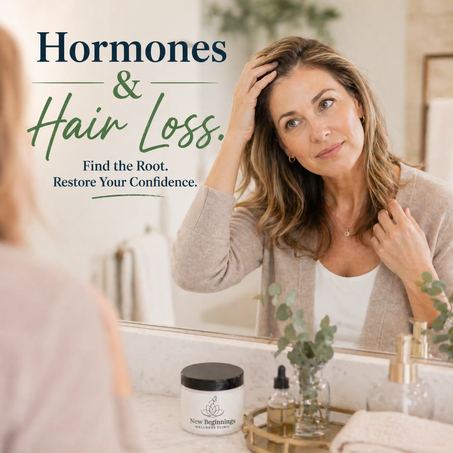 A woman examining her hair in a mirror with a concerned expression. On the counter is a New Beginnings Wellness Clinic product. Text overlay reads "Hormones & Hair Loss. Reclaiming Your Confidence."