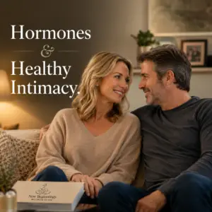 A happy middle-aged couple smiling at each other while sitting on a couch. A New Beginnings Wellness Clinic folder is on the table in front of them. Text overlay reads "Hormones & Healthy Intimacy."