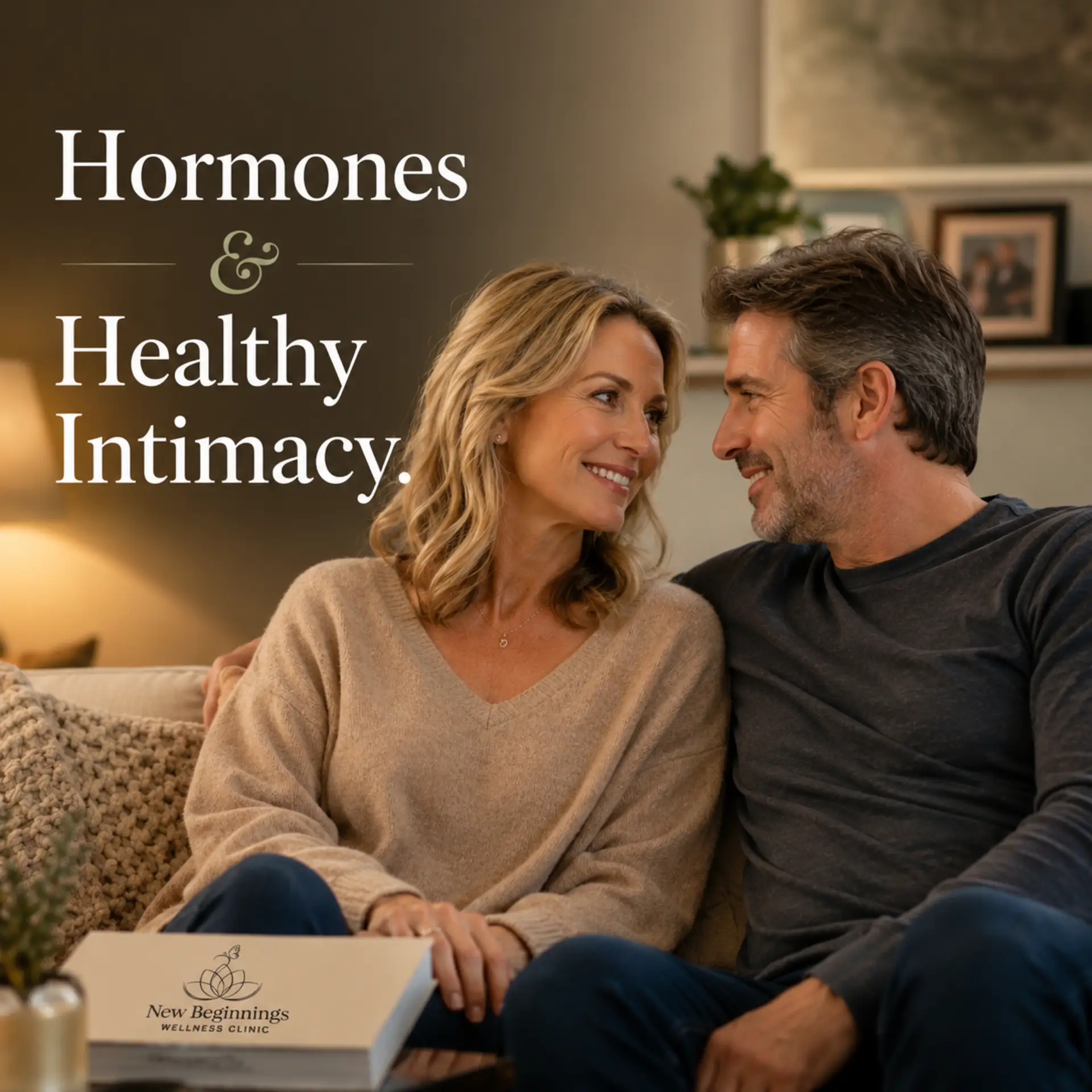 A happy middle-aged couple smiling at each other while sitting on a couch. A New Beginnings Wellness Clinic folder is on the table in front of them. Text overlay reads "Hormones & Healthy Intimacy."