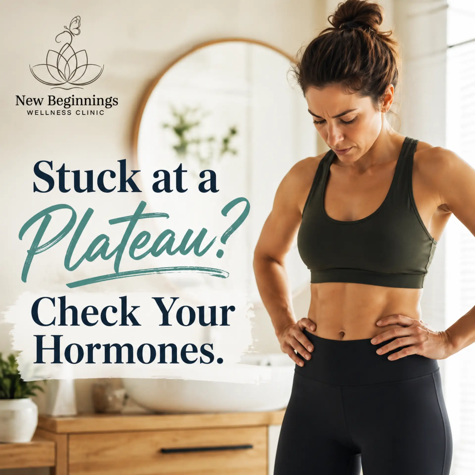 A fit woman in workout clothes looking frustrated while checking her progress in a bathroom mirror at New Beginnings Wellness Clinic. Text overlay reads "Stuck at a Plateau? Check Your Hormones."