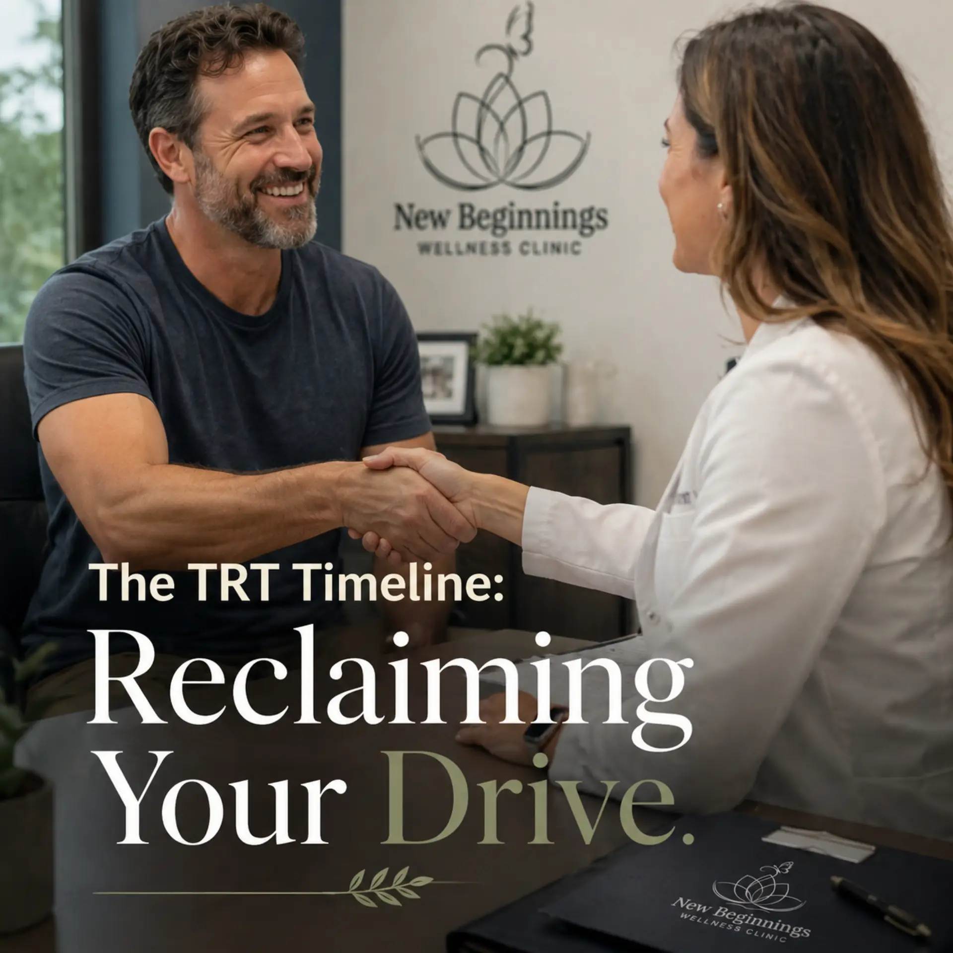 A smiling man shaking hands with a female healthcare provider across a desk at New Beginnings Wellness Clinic. Text overlay reads "The TRT Timeline: Reclaiming Your Drive."