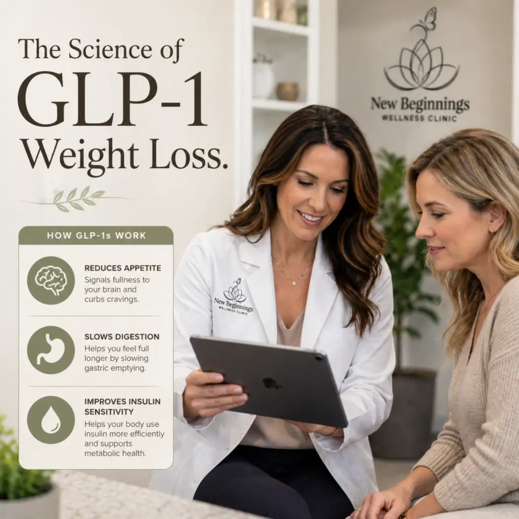 A clinician at New Beginnings Wellness Clinic explaining GLP-1 science to a patient using a tablet. An infographic overlay details how GLP-1s reduce appetite, slow digestion, and improve insulin sensitivity.
