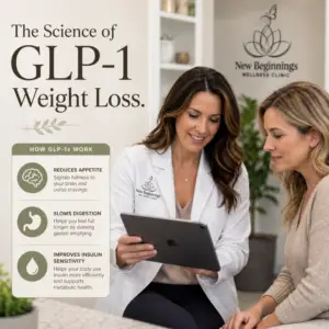 A clinician at New Beginnings Wellness Clinic explaining GLP-1 science to a patient using a tablet. An infographic overlay details how GLP-1s reduce appetite, slow digestion, and improve insulin sensitivity.