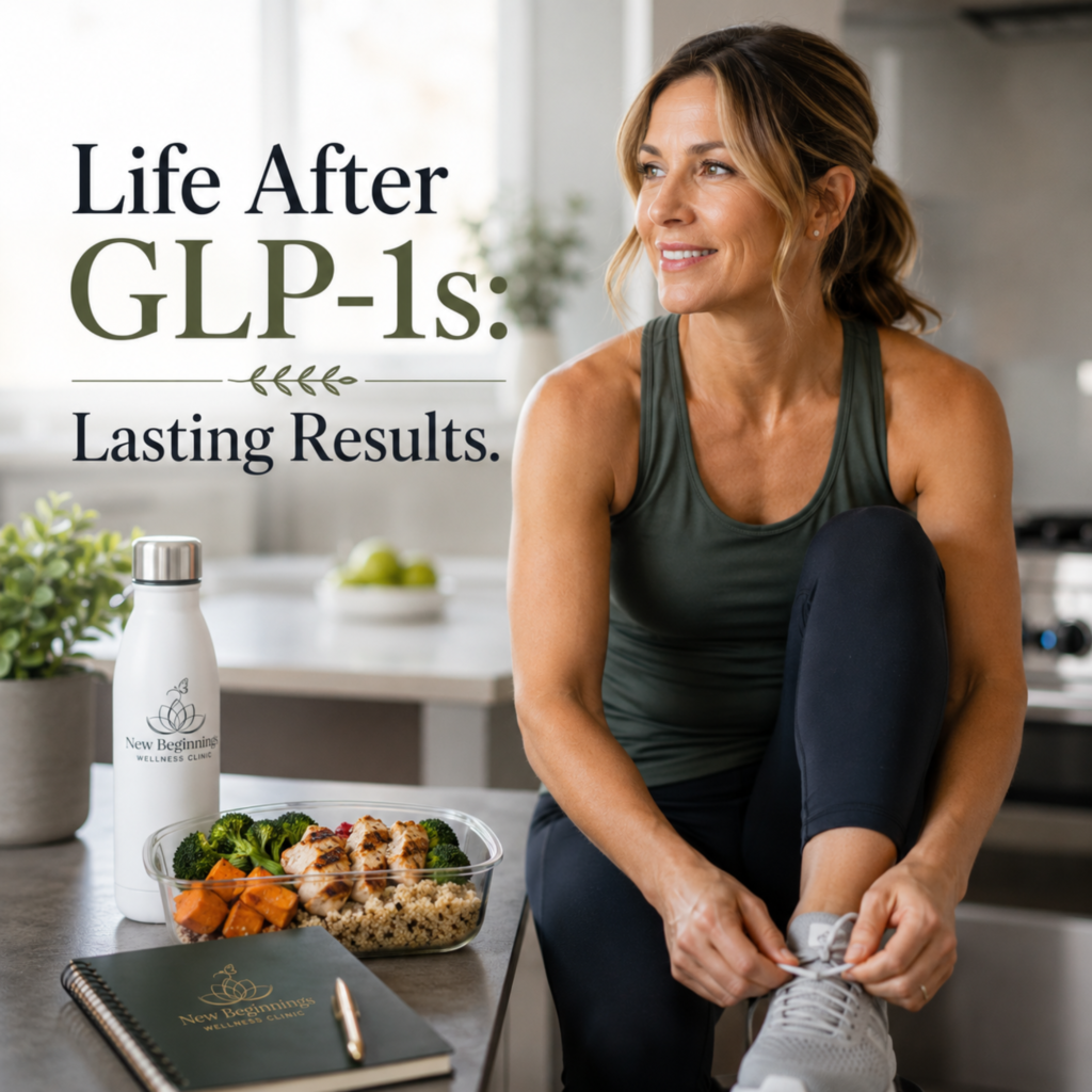 Woman tying shoe, with meal prep, water bottle, and journal on counter. Text: "Life After GLP-1s: Lasting Results."