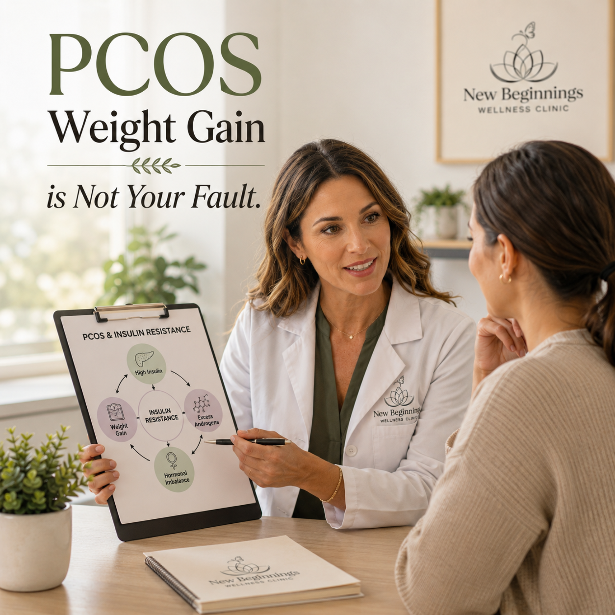 Doctor explaining PCOS and Insulin Resistance chart to a patient. Text: "PCOS Weight Gain is Not Your Fault."