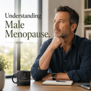 Thoughtful man with beard at desk, looking out window. Text: "Understanding Male Menopause." New Beginnings mug.