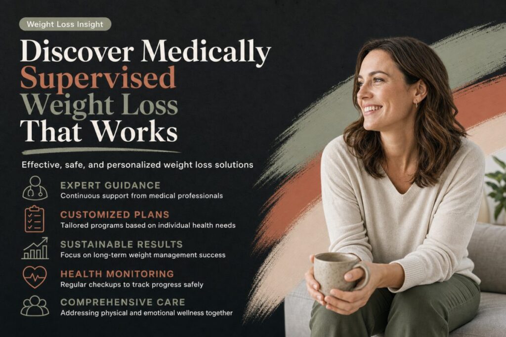 A compassionate healthcare provider discussing a personalized weight loss plan with a middle-aged patient in a bright, calming clinic setting