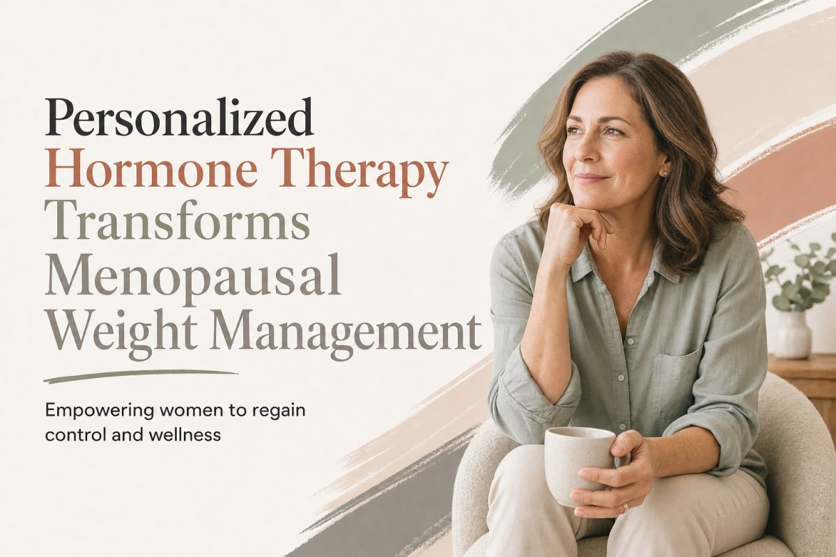 Middle-aged woman smiling with a balanced hormone health illustration